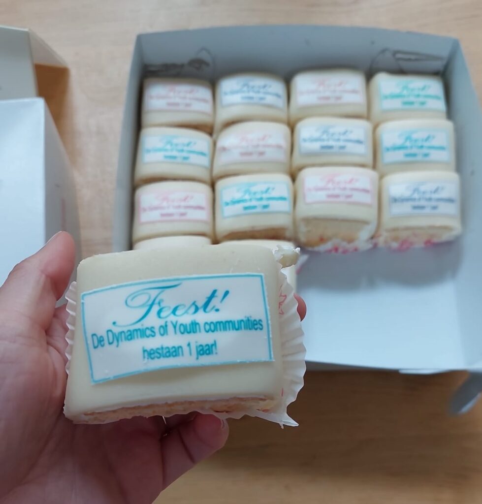 In the background a box with small cakes. In the foreground one of these cakes is shown. On this cake the following text is written: “Let’s celebrate! The Dynamics of Youth communities exist 1 year!”